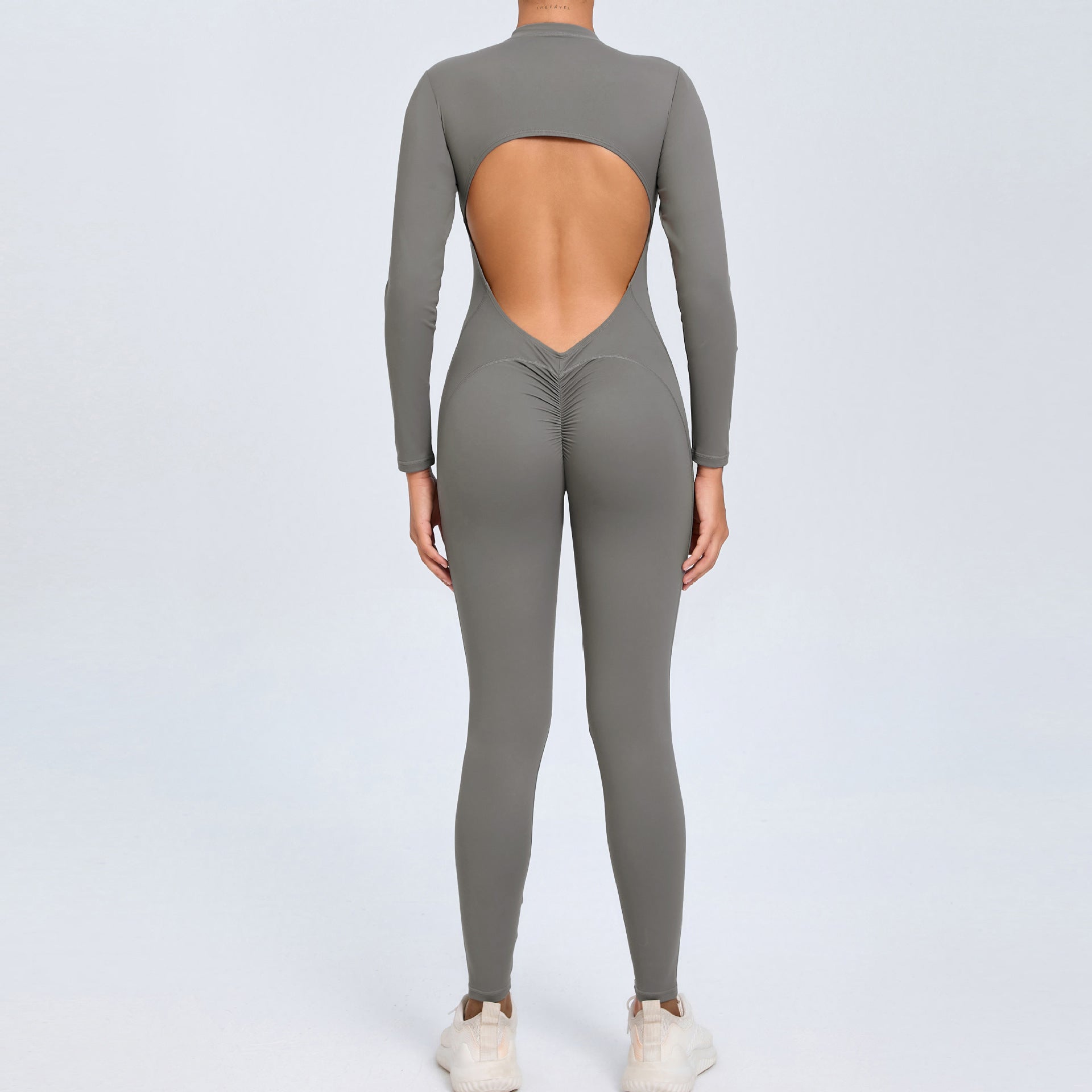 Women's Solid Color Backless Long-sleeve Zipper One-piece - kinko
