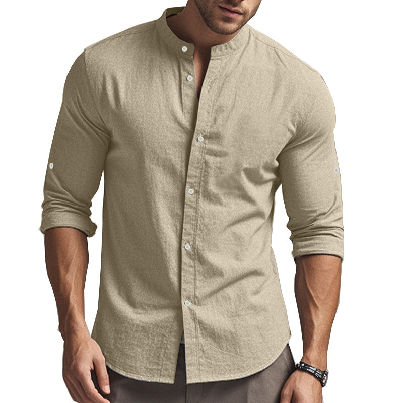 Men's Long Sleeve Standing Collar Slim Fit Casual Cotton Shirt - kinko