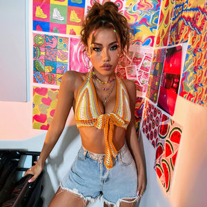 Halter Lace up Vest Sexy Sling Spring Slim Fitting Slimming Contrast Color Top Women