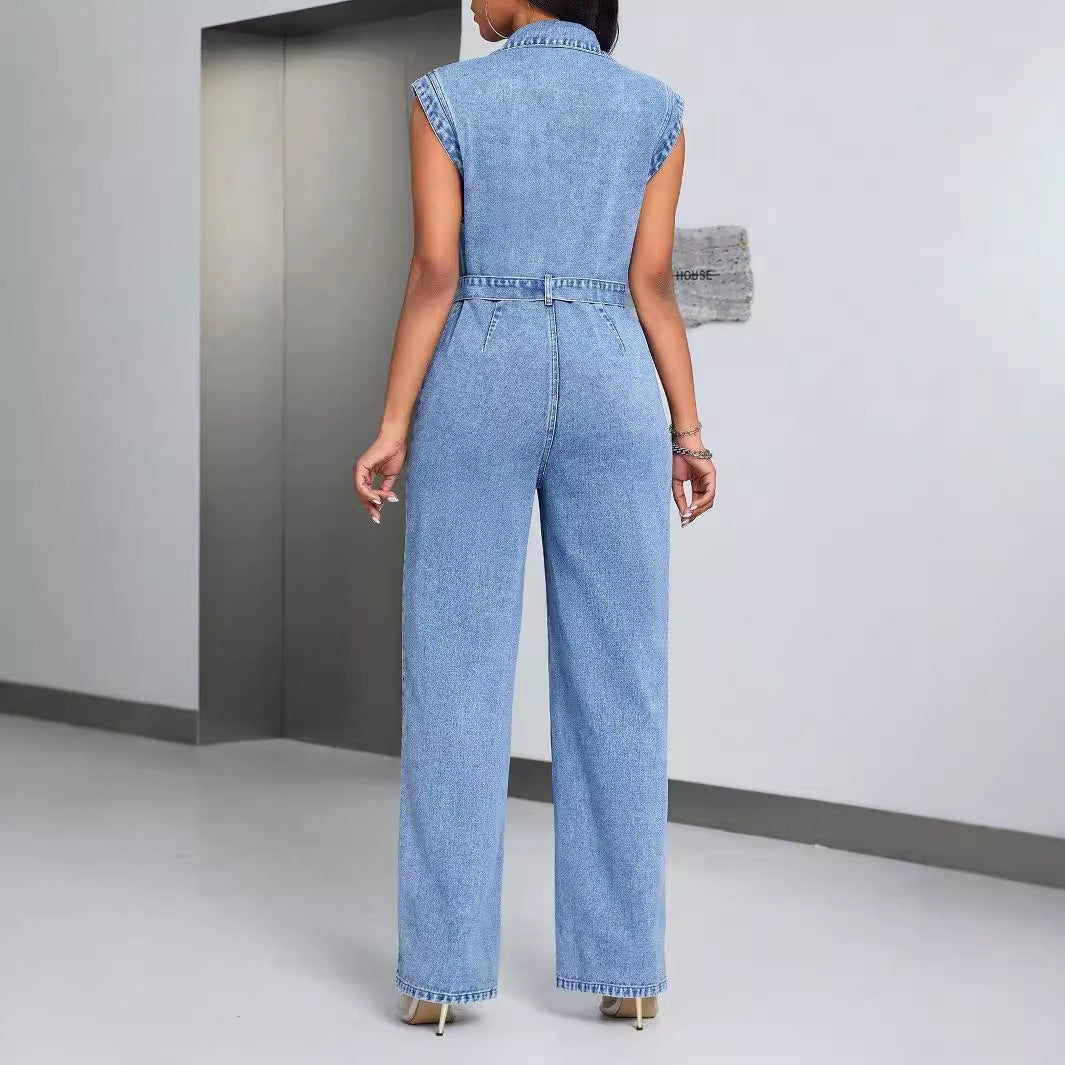 Denim Wear Sleeveless Casual Jumpsuit Trousers Jeans - kinko
