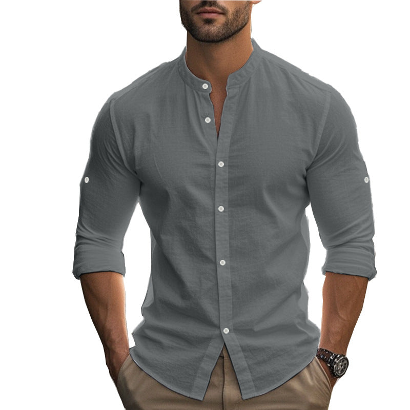 Men's Long Sleeve Standing Collar Slim Fit Casual Cotton Shirt - kinko