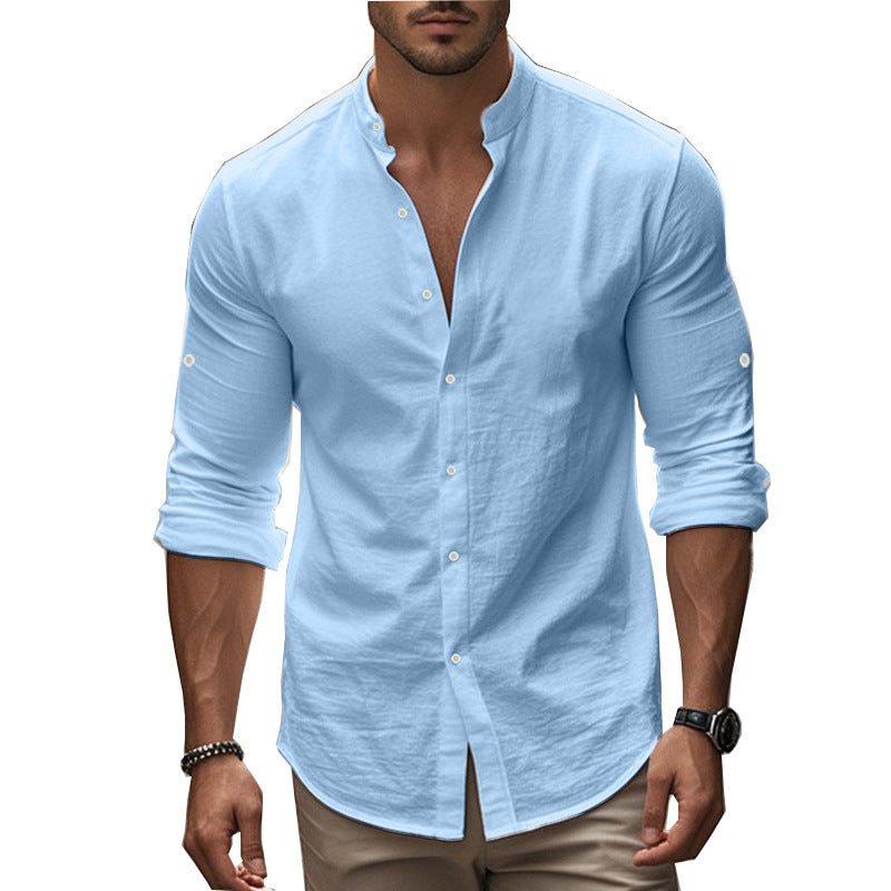 Men's Long Sleeve Standing Collar Slim Fit Casual Cotton Shirt - kinko