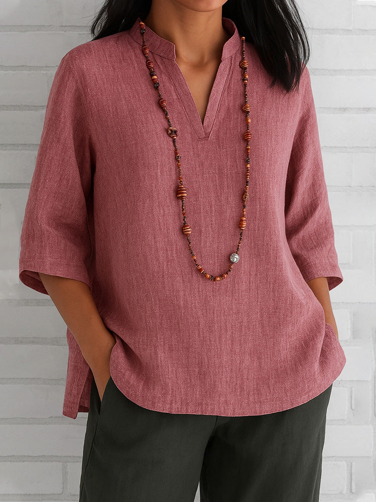 Summer Women's Clothing V-neck 34 Sleeves Cotton And Linen Loose Casual Shirt - kinko