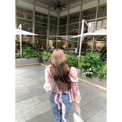 Printed Bay Sleeve Waist-tight Silk Craft Chiffon Blouses For Women - kinko