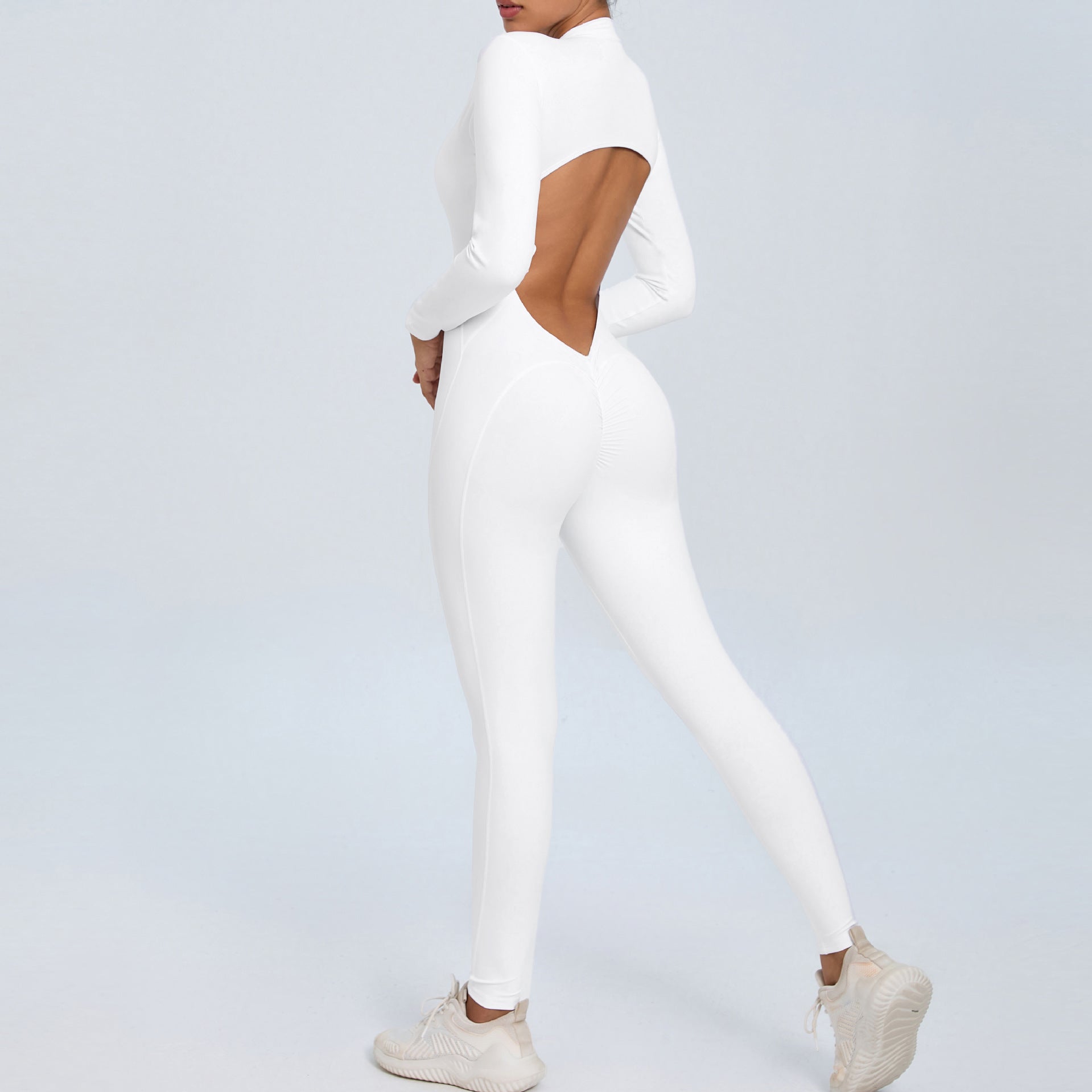 Women's Solid Color Backless Long-sleeve Zipper One-piece - kinko