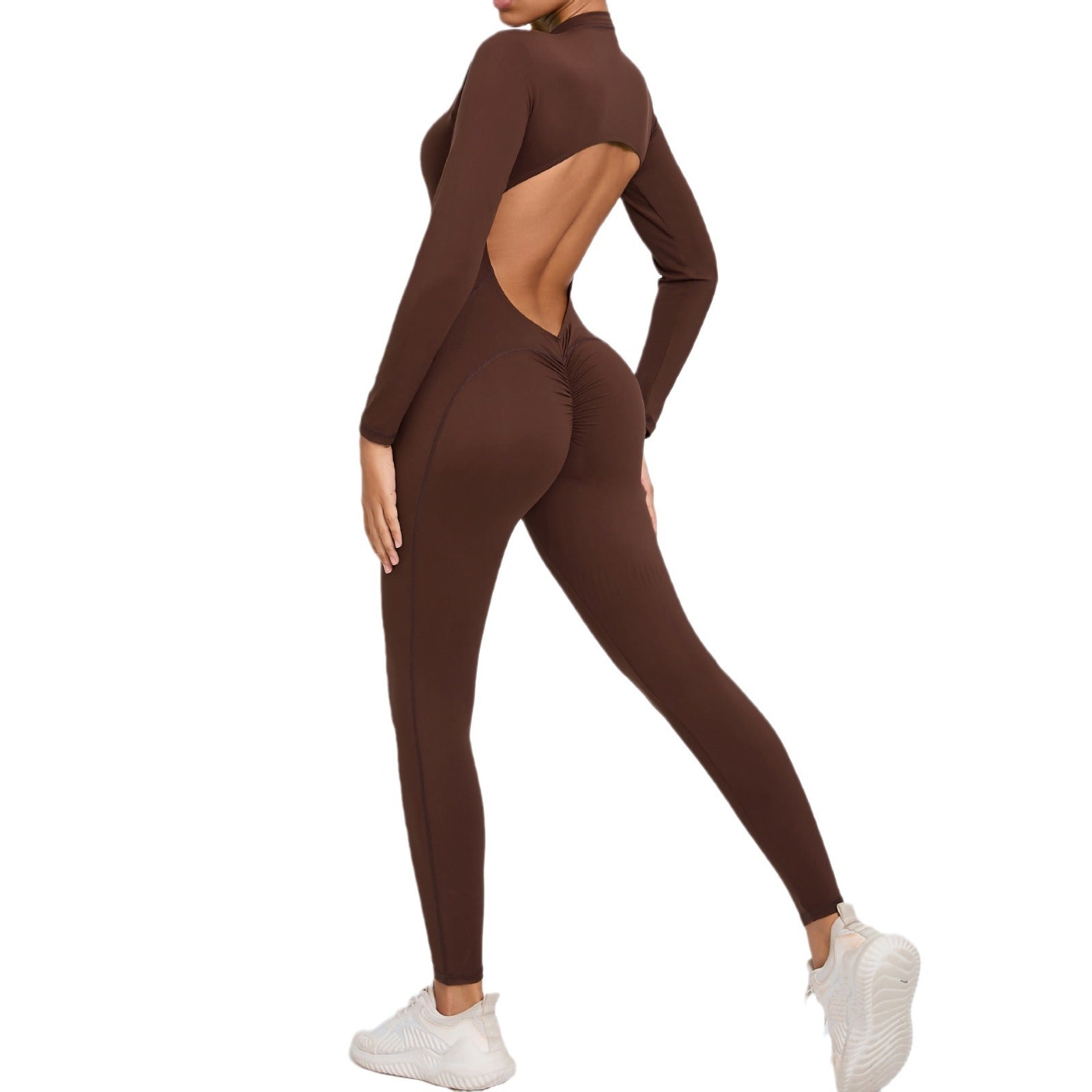 Women's Solid Color Backless Long-sleeve Zipper One-piece - kinko