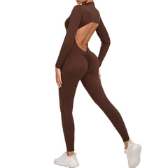 Women's Solid Color Backless Long-sleeve Zipper One-piece - kinko