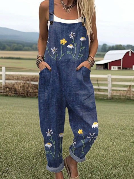 Printed Pocket Women's Suspender Trousers - kinko