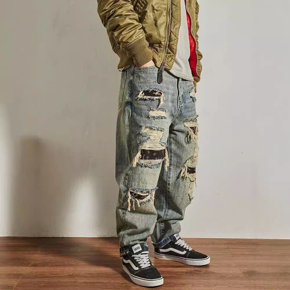 Jeans Men's Loose Straight Tapered Distressed Broken Holes Pants - kinko