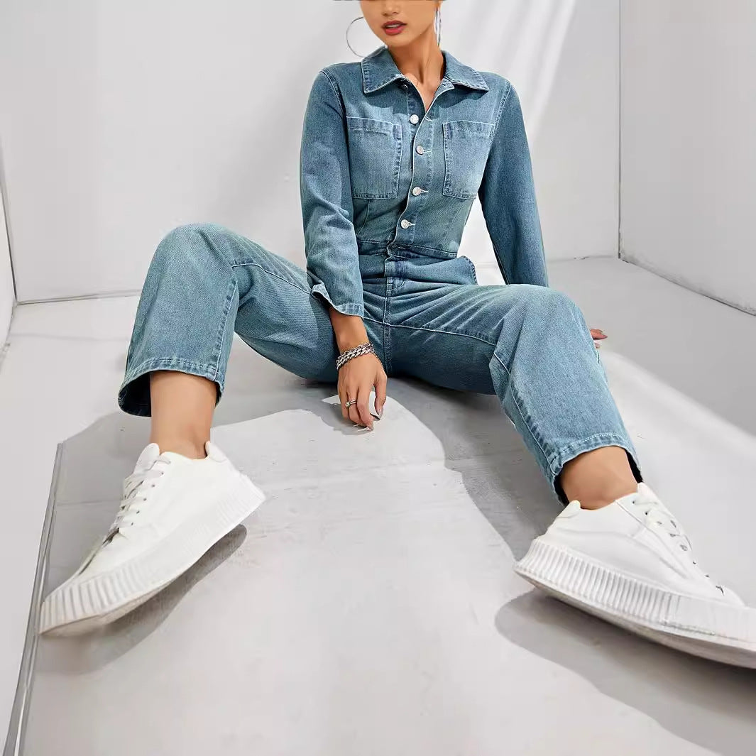 Women's Slim-fit Long-sleeved Denim Jumpsuit - kinko