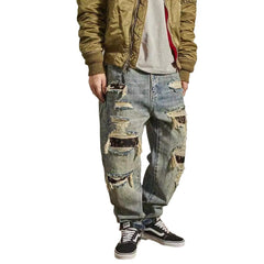 Jeans Men's Loose Straight Tapered Distressed Broken Holes Pants - kinko