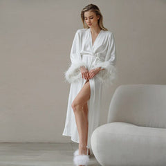 Autumn Artificial Silk Feather Long Long Sleeve Pajamas Nightgown Comfortable Strap Ladies Homewear