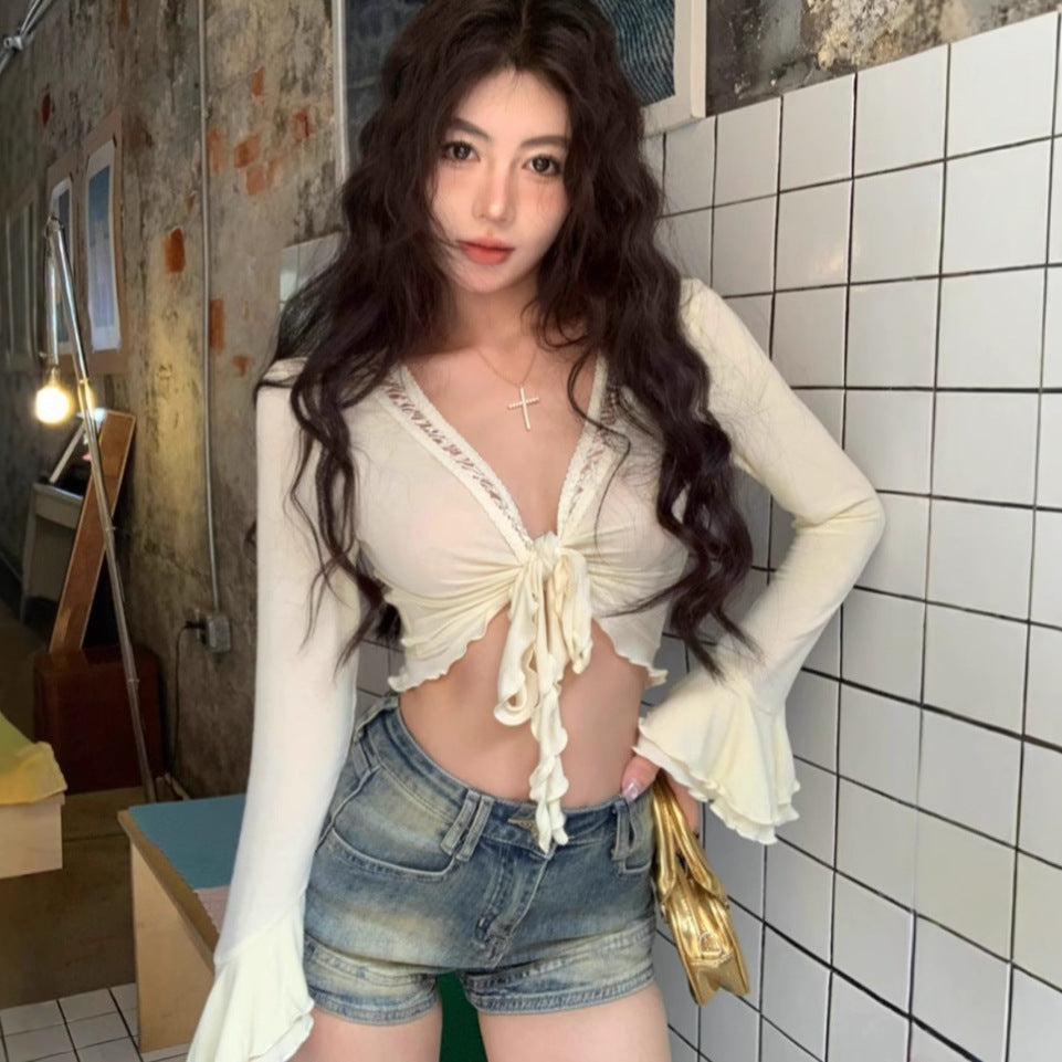 Lace-up Sun Protection Coat For Women Summer Sexy Slim-fit Crop-top - kinko