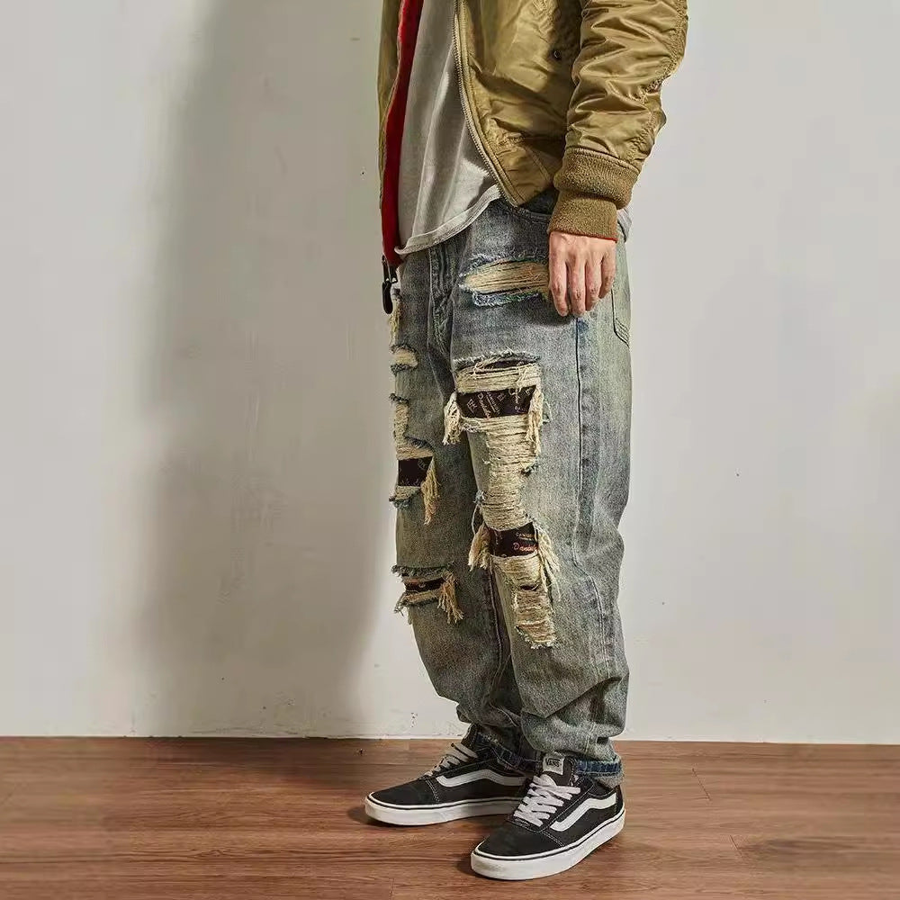 Jeans Men's Loose Straight Tapered Distressed Broken Holes Pants - kinko