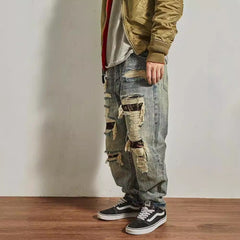 Jeans Men's Loose Straight Tapered Distressed Broken Holes Pants - kinko