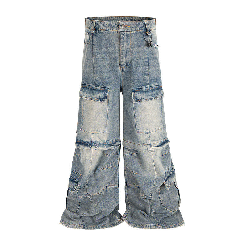 Detachable Worn Looking Washed-out Multi-pocket Detachable Two-way Wear Micro-pull Overalls - kinko