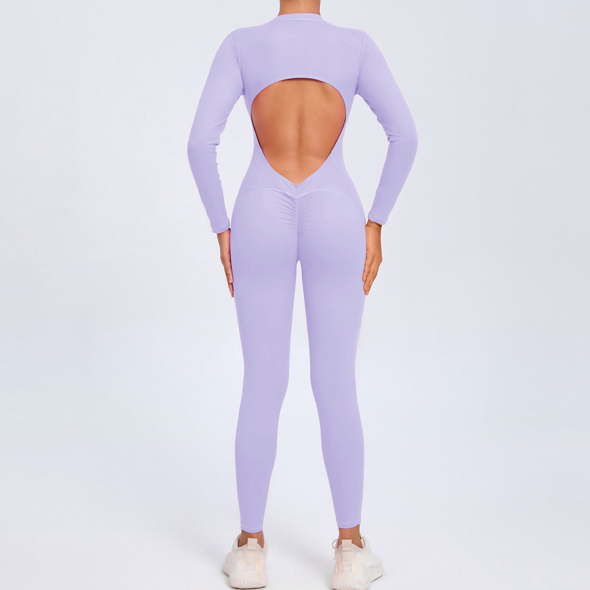 Women's Solid Color Backless Long-sleeve Zipper One-piece - kinko