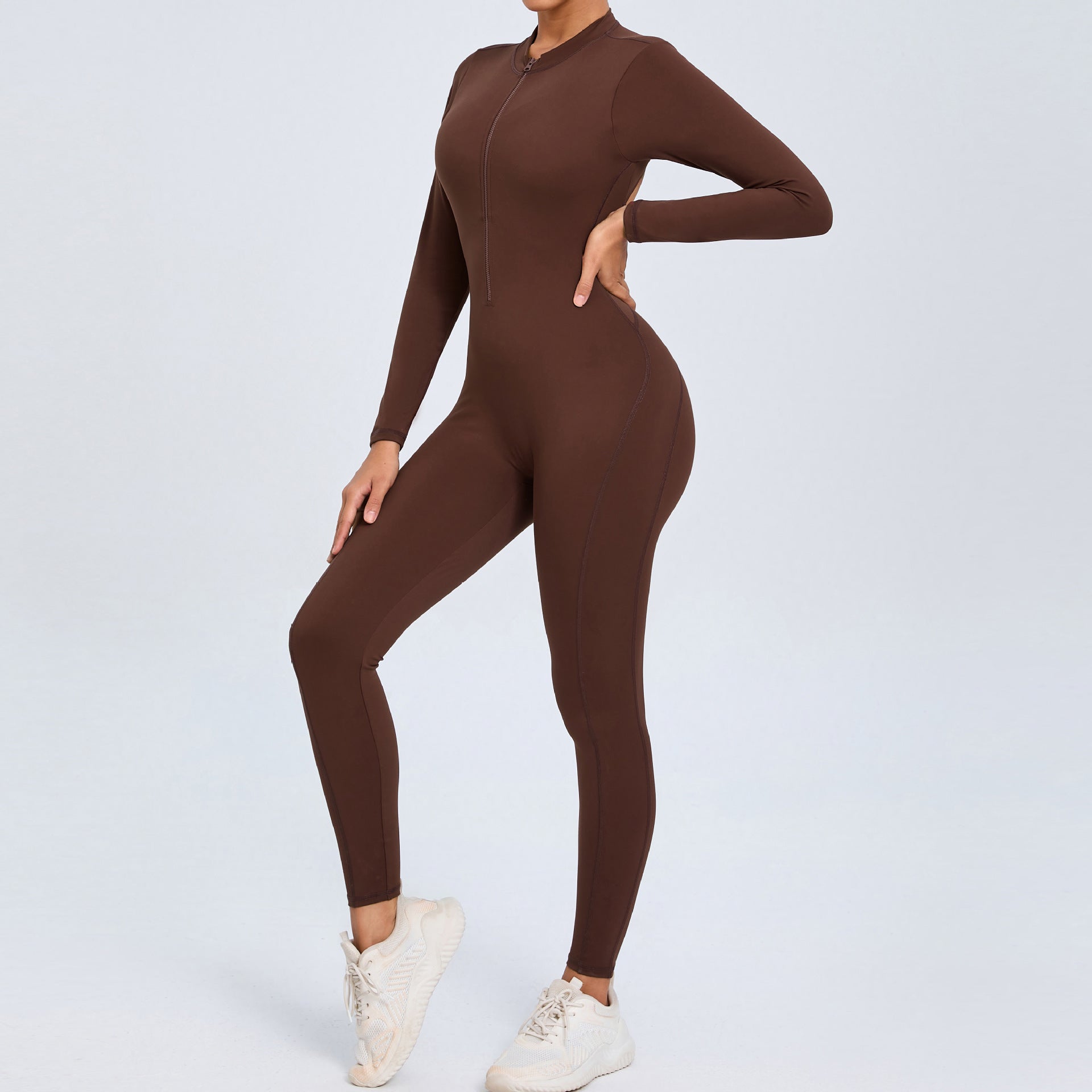 Women's Solid Color Backless Long-sleeve Zipper One-piece - kinko