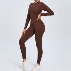 Women's Solid Color Backless Long-sleeve Zipper One-piece - kinko