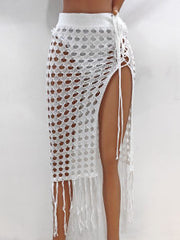 Women Clothing Sexy Cutout Woven Lace up Tassel Dress Split Beach Skirt