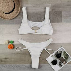 Solid Color Split Hollow Out Cutout Snake Fabric Swimsuit Women Sexy Halter Bikini