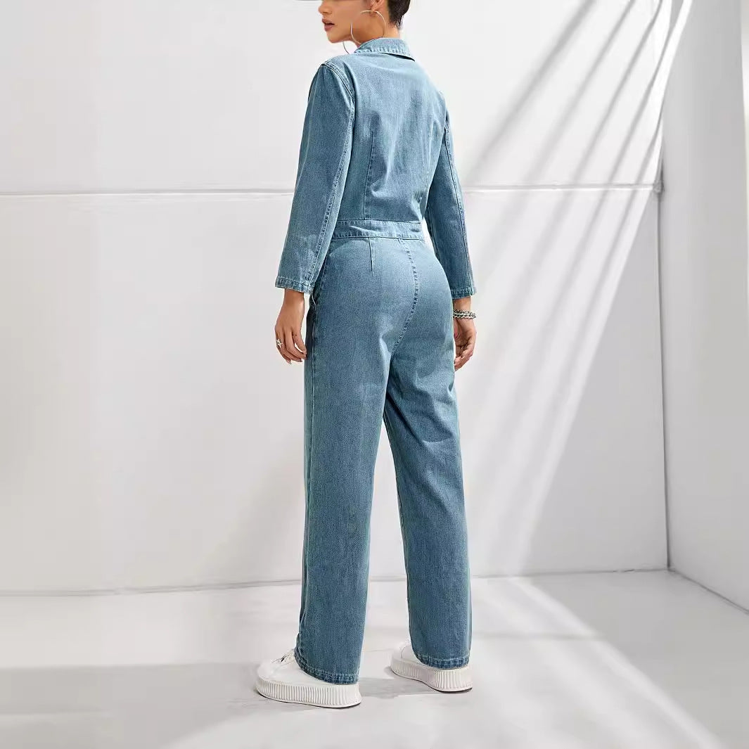 Women's Slim-fit Long-sleeved Denim Jumpsuit - kinko