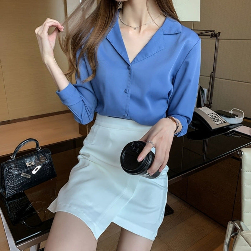 Women's Solid Color Buttons Loose Chiffon Shirt - kinko