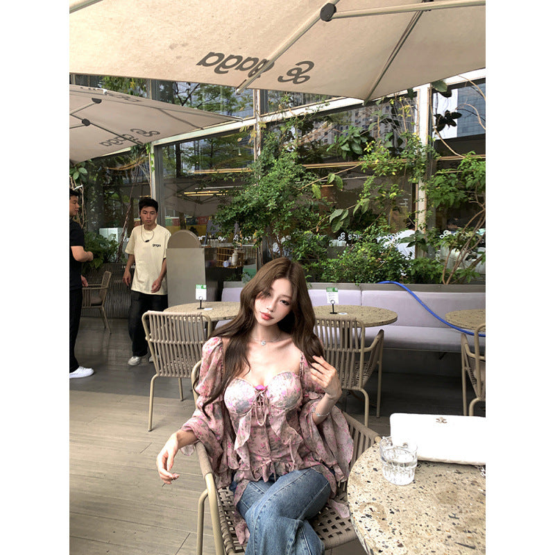 Printed Bay Sleeve Waist-tight Silk Craft Chiffon Blouses For Women - kinko