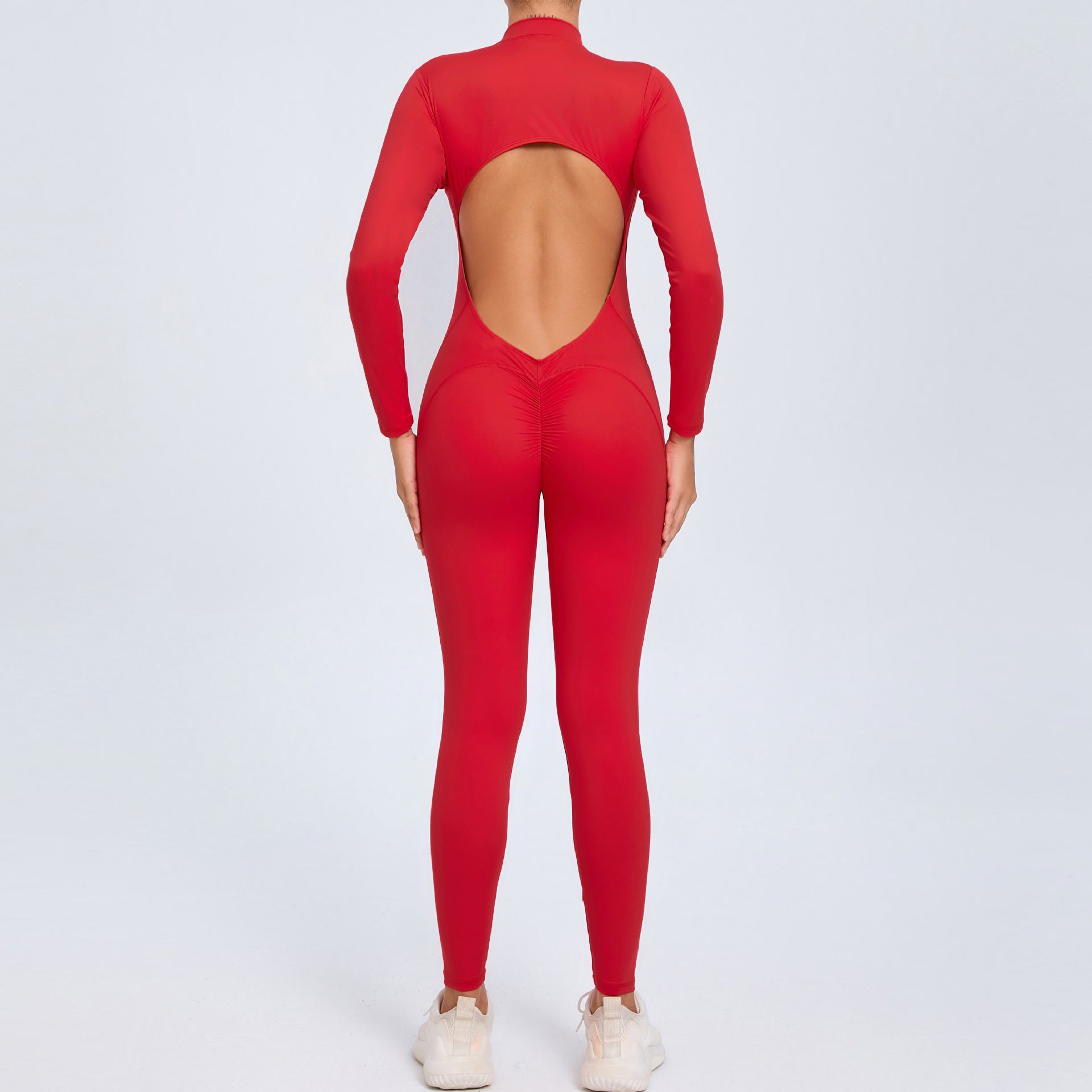 Women's Solid Color Backless Long-sleeve Zipper One-piece - kinko