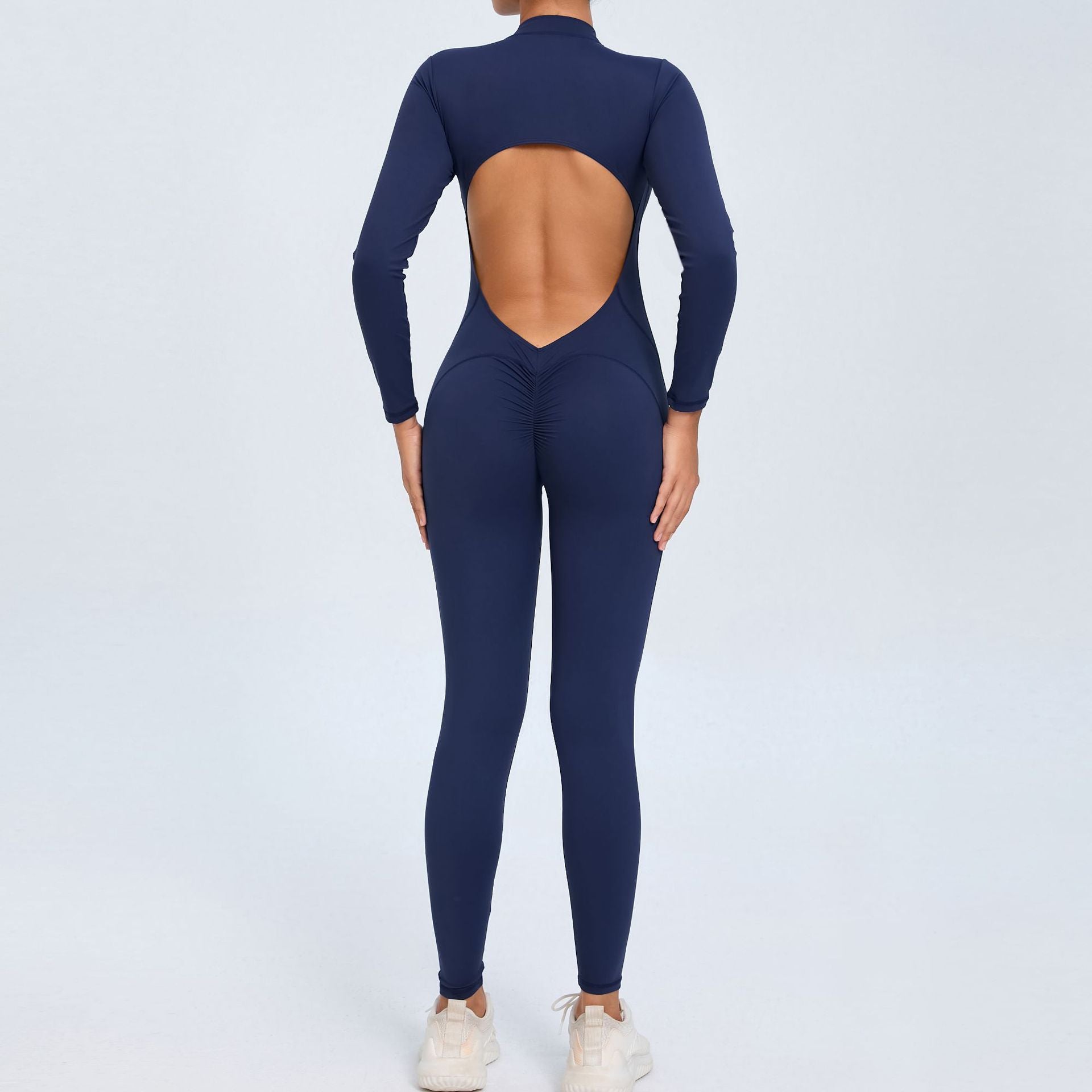 Women's Solid Color Backless Long-sleeve Zipper One-piece - kinko