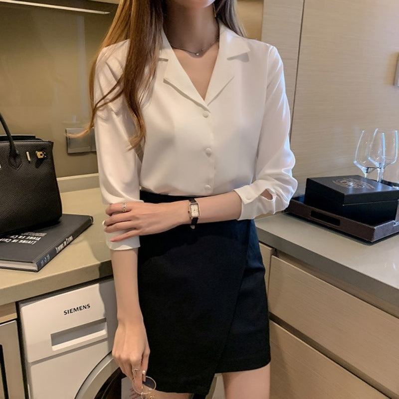 Women's Solid Color Buttons Loose Chiffon Shirt - kinko