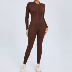 Women's Solid Color Backless Long-sleeve Zipper One-piece - kinko