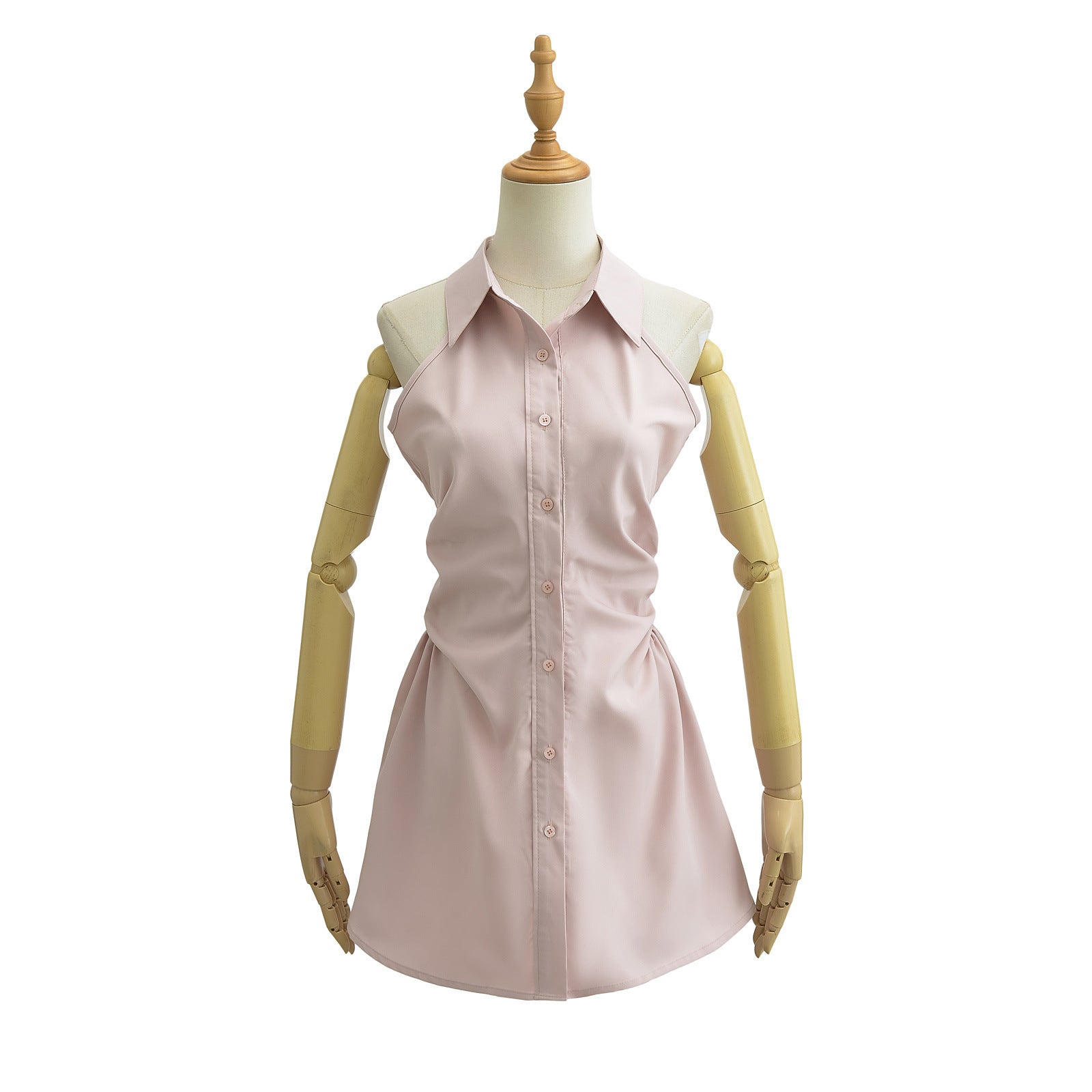 2024 Summer New Pure Desire Style Slim Fit Slimming Waist Pleating Sleeveless Shirt Dress Polo Collar Dress - kinko