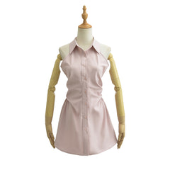 2024 Summer New Pure Desire Style Slim Fit Slimming Waist Pleating Sleeveless Shirt Dress Polo Collar Dress - kinko