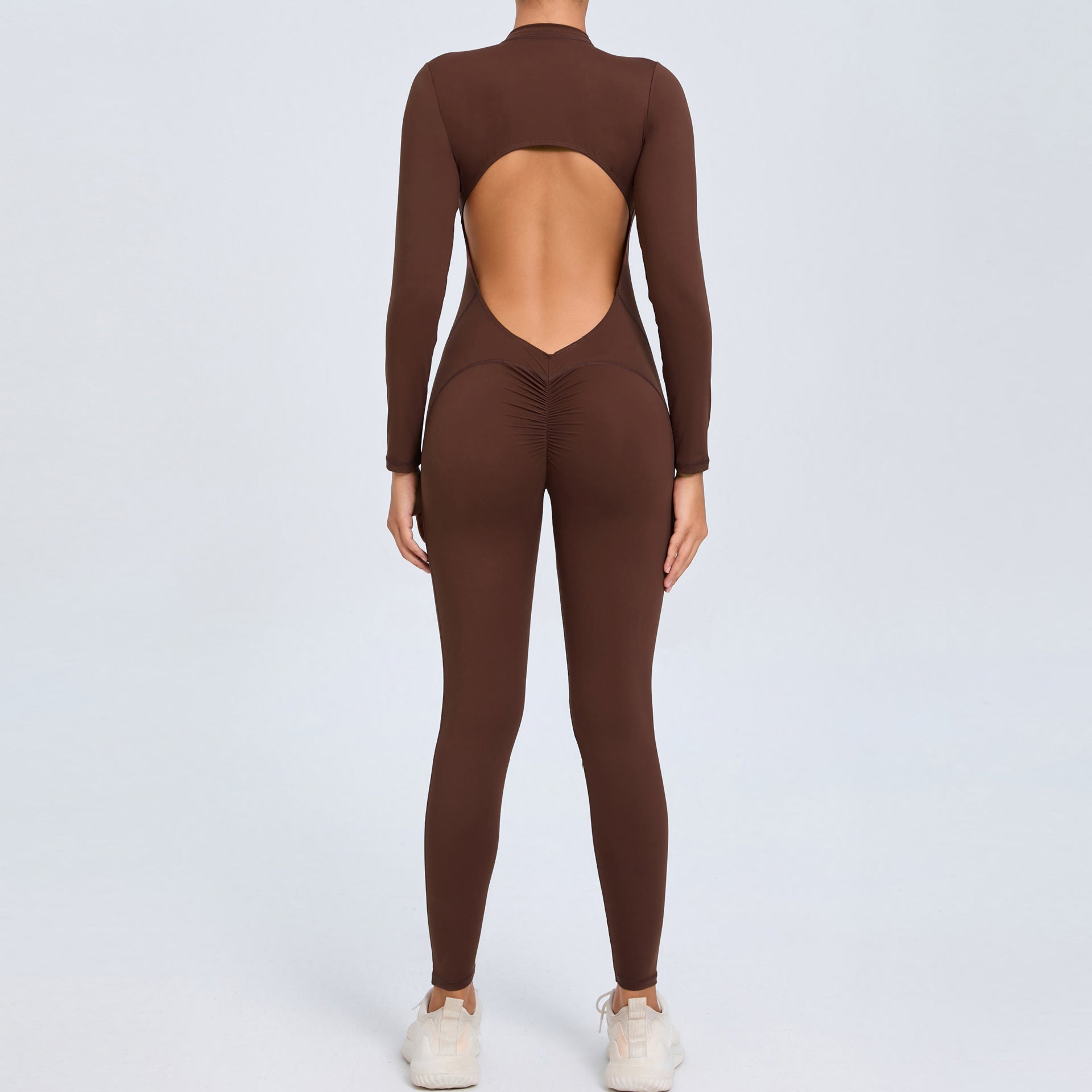 Women's Solid Color Backless Long-sleeve Zipper One-piece - kinko
