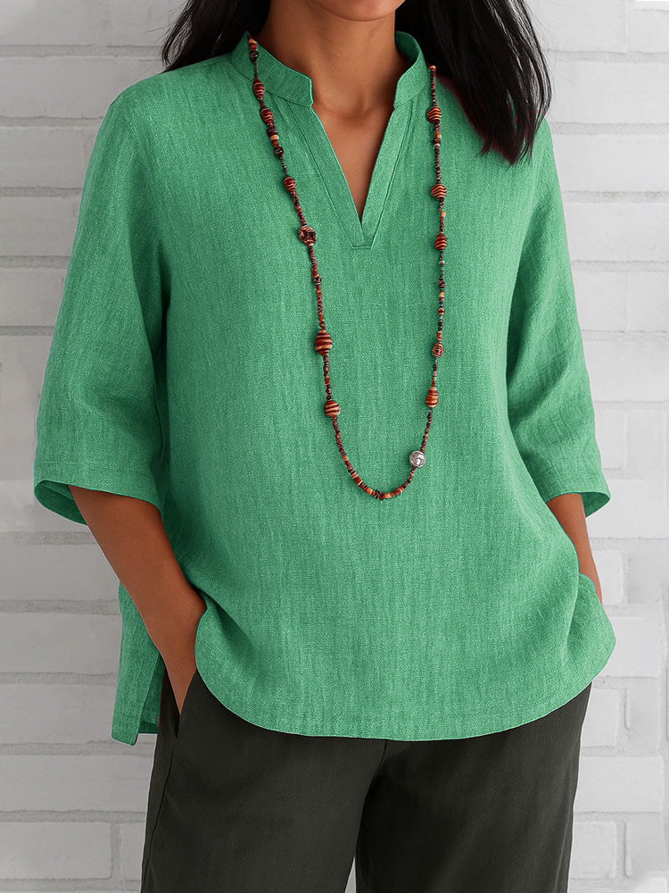 Summer Women's Clothing V-neck 34 Sleeves Cotton And Linen Loose Casual Shirt - kinko