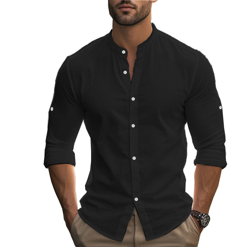 Men's Long Sleeve Standing Collar Slim Fit Casual Cotton Shirt - kinko