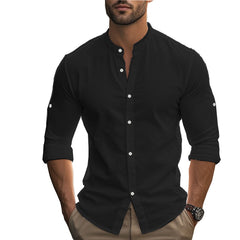 Men's Long Sleeve Standing Collar Slim Fit Casual Cotton Shirt - kinko