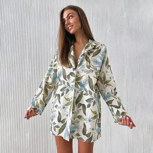 Spring Satin Printed Pajamas Two Piece Cardigan Long Sleeve Shorts Ladies Homewear