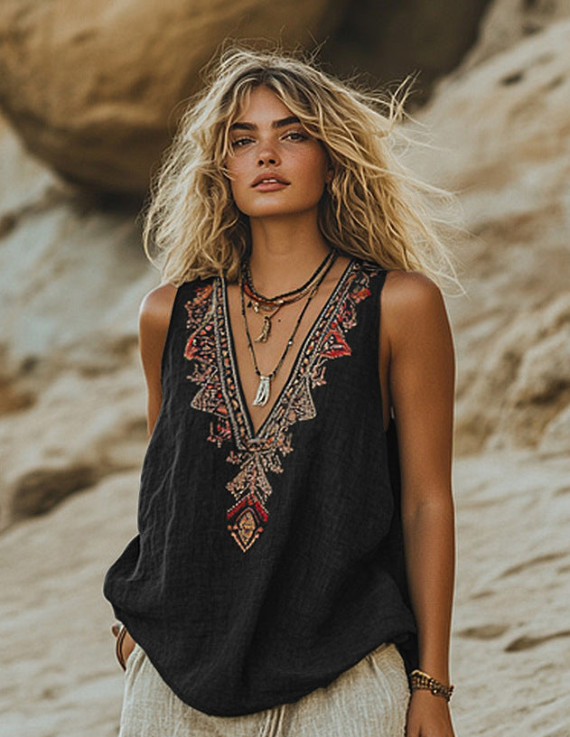 Women's Floral Printed V-neck Vest Top - kinko