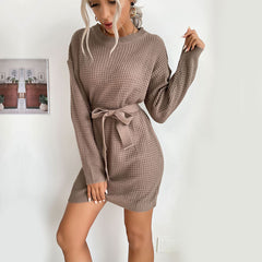Autumn Winter Sweater Women Lace up Solid Color Long Sleeve Sweater Dress