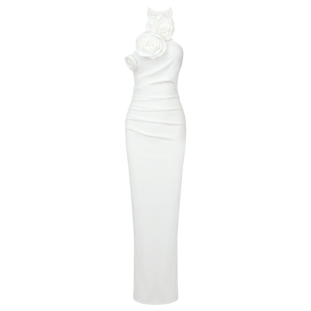 New Style White Ribbon Flower Halter Long High Sense Dress - kinko
