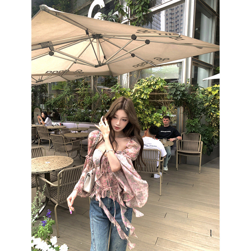 Printed Bay Sleeve Waist-tight Silk Craft Chiffon Blouses For Women - kinko