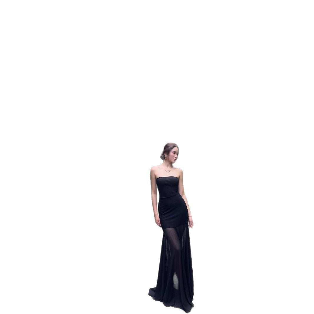Solid Color Chest-wrapped Mesh Dress Sleeveless - kinko