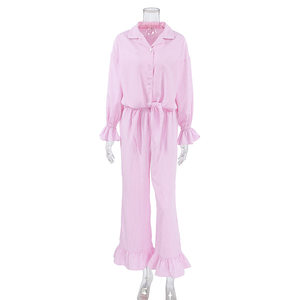 Fall Pink Plaid Retro Pajamas Ruffled Long Sleeved Cardigan Trousers Two Piece Home Wear Women