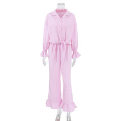 Fall Pink Plaid Retro Pajamas Ruffled Long Sleeved Cardigan Trousers Two Piece Home Wear Women