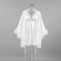 Loose Night Dress Robe Two Piece Sets Satin Stitching Feather Sleeve Solid Color Ladies Homewear