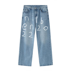 New Loose Wide-leg Mopping Jeans Personalized Digital Printing - kinko