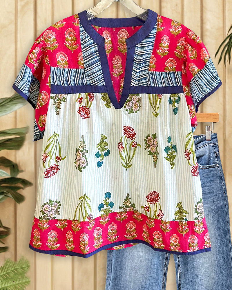 Summer New Women's Loose Casual Print Round Neck Shirt - kinko