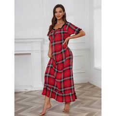 Nightdress Women Short Sleeved Red Plaid Home Pajamas Women